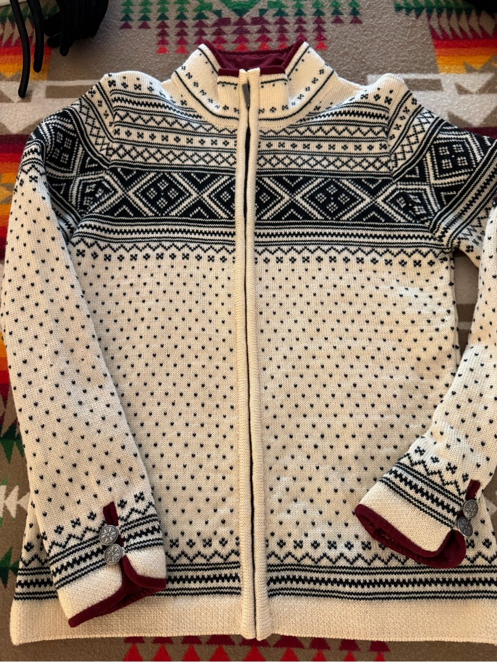 Dale of Norway Cream and Black Zip Nordic Cardigan with Maroon Trim